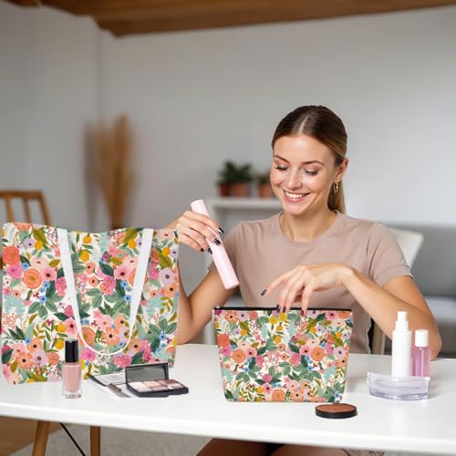 Aesthetic Floral Canvas Tote Bag Makeup Bag Set Flower Decor Gifts for Women Girls Daughter Friend Bestie Vacation Travel Work Birthday Christmas Reusable Shopping Grocery Bags Travel Cosmetic Bags