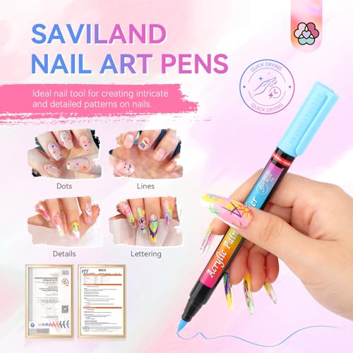 SAVILAND Nail Art Pens & Gel Paint Kit: 12 Quick-Dry 3D Nail Polish Pens Acrylic Paint Markers, 48 Colors Gel Nail Polish 15pcs Nail Art Brushes for Home Salon DIY Manicure Nail Art Design