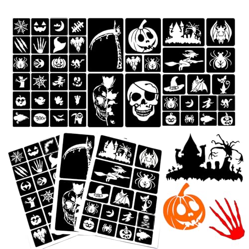 XMASIR 45Pcs Halloween Glitter Tattoo Stencil Kit for Kids,Halloween Pumpkin Stencils Temporary Tattoo Sticker Children Drawing Templates(3 Sheets)