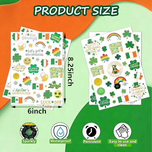 138Pcs St Patricks Day Temporary Tattoos Glitter Shamrock Face Stickers 65 Styles Irish Face Stickers for Women St Pattys Day Accessories for Irish Party Decor(kiss138)