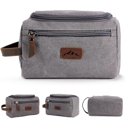 Travel Toiletry Bag for Men, Large Water-resistant Shaving Bag Toiletries Organizer with Mountain Pattern, Canvas Multi-functional Bathroom Dopp Kit Shaving, Ideal for Travel, Camping, Gym- Grey