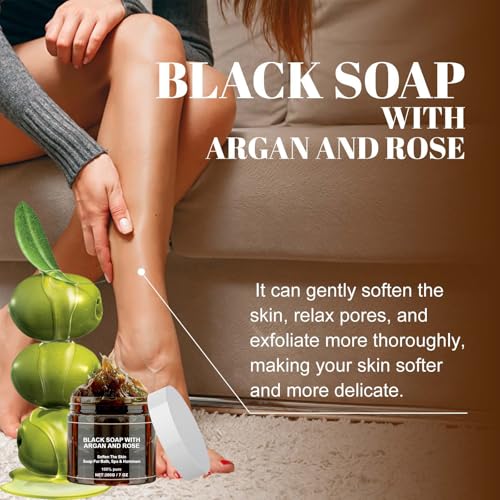 Morocco Black Soap with Argan and Rose, 200g Black Soap Bar Exfoliating Soaps, Moroccos Body Scrub with Exfoliating Glove (2)