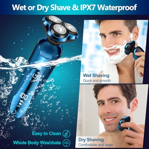 Electric Razor for Men, IPX7 Waterproof 3D Rotary Shaver, Rechargeable Cordless Shaver for Men with Wet/Dry Function & LCD Display, Ideal Shaving Gifts for Husband, Dad, Boyfriend