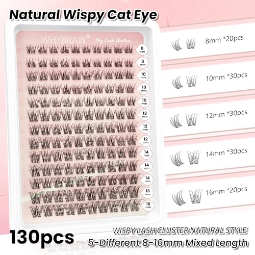 Natural Lash Clusters Wispy Cluster Eyelash Extensions WHYBRAW 130pcs Individual Lashes 8-16mm D-Curly DIY Lash Extension Natural Look Soft Thin Clear Band Cluster Lashes