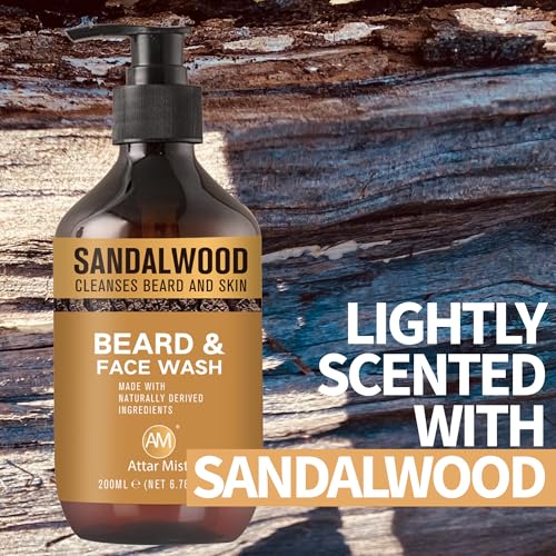AM Beard & Face Wash - Sandalwood Scented - Gently Cleanses, Stops Itching & Flaking, Hydrates Dry Flaky Skin Under Beard - Naturally Derived Aloe Vera, Galangal, & Orange Peel - 6.76 fl oz