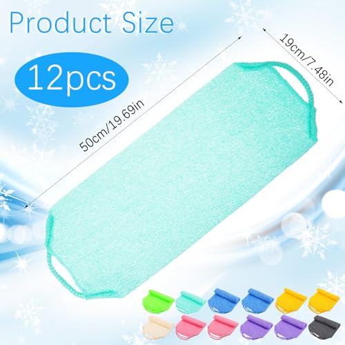 12Pcs Exfoliating Back Scrubber with Handles, Nylon Back Exfoliator Washers Scrubbers Stretchable Pull Strap Exfoliating Washcloth Body Scrubber Cloth Towel for Shower Skin Massages