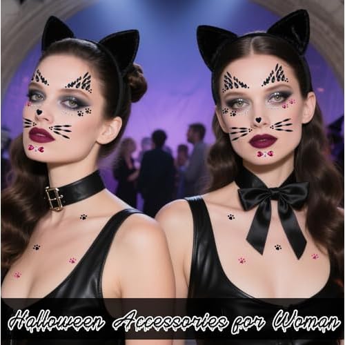 Voiiake Crystal Cat Face Gems Stickers, 2-Sheet Cat Print Gem Jewels, Black Cat Costume Women Accessories for Halloween Makeup