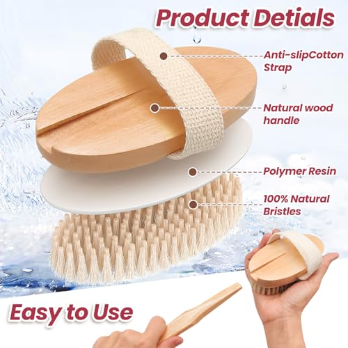Wood Bath Brush,Long Handle Body Back Scrubber with Soft and Natural Bristles Antiskid Shower Brush Set for Bathroom Wet or Dry Exfoliating (6 Pack) (19.3''Long Handle)