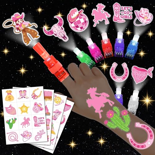 72 PCS Cowgirl Party Favors ? 48 PCS Luminous Tattoos & 24 PCS LED Finger Lights Combo ? Birthday Goodie Bag Fillers, Party Supplies, Gifts Light Up Toys Glow In The Dark for Boys and Girls