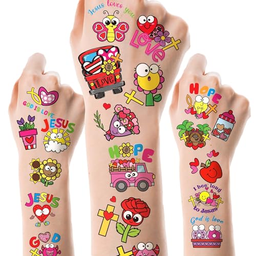 ANGOLIO 24 Valentine's Day Religious Temporary Tattoos for Kids Cartoon Love Heart Exchange Gifts Stickers Boys Girls Christian Valentine School Party Favors Tattoos for Class Prizes Carnival Rewards