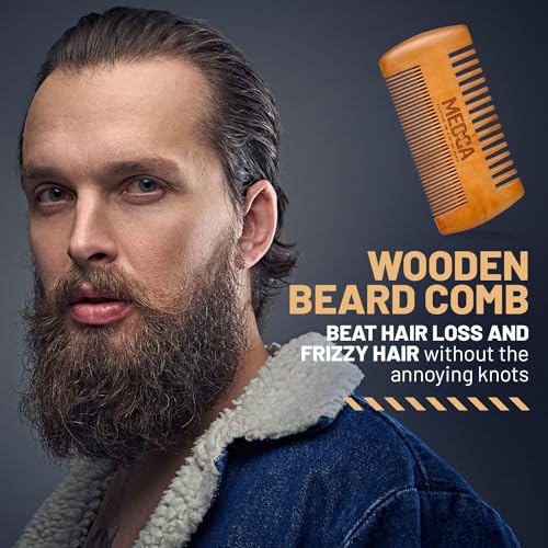 Wooden Beard Comb With Leather Case - Handcrafted Solid Beechwood Beard, Mustache and Head Hair Pocket Combs for Men Dual Action Fine & Coarse Teeth Perfect for Conditioner Oils and Beard Balms