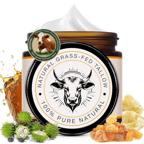 Grass-Fed Beef Tallow Cream with Frankincense and Castor Oil 2.1 fl.oz, Raw Honey for Skin Care,Face & Body Moisturizer for Skin,Sensitive Skin & Dry Skin Age Defying, Eczema All-Purpose Balm