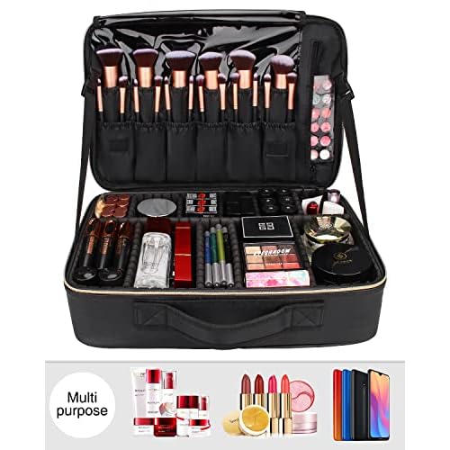 MONSTINA Large Makeup Travel Case Bag,Professional Makeup Artist Train Case with Brush organizer,Large Capacity Cosmetic Bag with Zipper Pocket and Adjustable Compartment£¨PU Leather Black£©