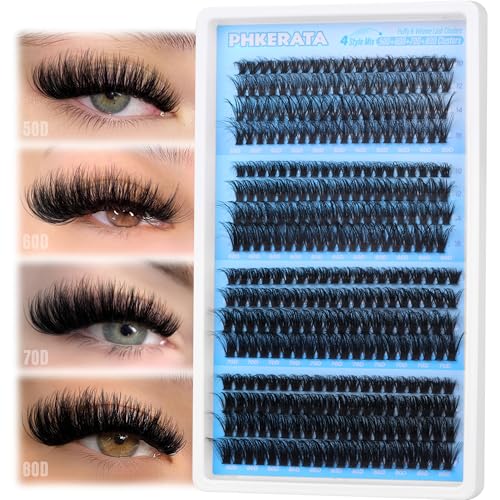 Lash Clusters Volume Eyelash Clusters 50D+60D+70D+80D Lashes Clusters 320pcs 4 Style Mix Wispy Cluster Eyelash Extension Thick DIY Individual Lashes D Curvature False Eyelashes, 10-16mm