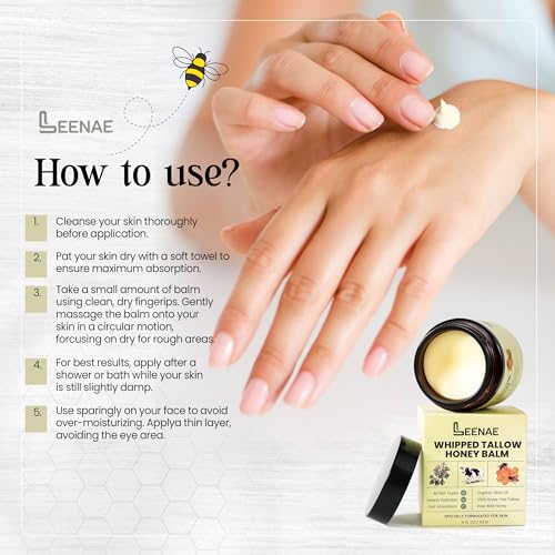 LEENAE Whipped Beef Tallow Moisturizer with Honey ? Grass Fed Tallow Face & Body Balm, Unscented Natural Skin Cream with Olive Oil, 4 oz