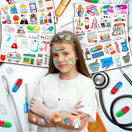 96PCS Funny Future Pharmacy Temporary Tattoos Happy Birthday Party Decorations Supplies Favors Decor Doctor Nurse Pharmacist Tattoo Stickers Gifts For Graduation Kids Adults Boys Girls Prizes Carnival
