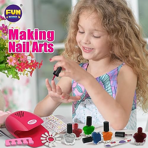 Kid Nail Art Kit for Girls, FunKidz Nail Studio Kits Size 17.91Wx12.4L with Peelable Nail Polish Nail Dryer Teens Makeup Mani Pedi Set Spa Party Gift