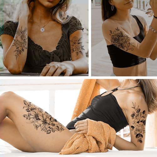 VERKSTAD Christmas Black Temporary Tattoos for Women, Waterproof Flower Butterfly Fake Tattoos for Girls, Floral Letter Writing Symbol Tattoo Kits Hand Body Art for Parties Festivals Everyday Wear