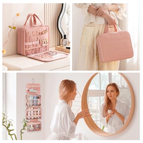 HBlife Travel Toiletry Bag with Jewelry Organizer for Women, Puffy Hanging Travel Bag for Toiletries with Trolley Belt, Waterproof Makeup Cosmetic Bag Organizer, Travel Accessories Essentials(Pink, M)