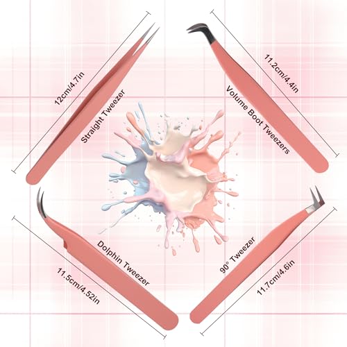 JoMay Eyelash Extension Tweezers 4Pcs Professional Kit High Precision Stainless Steel, Straight and Curved Volume Lash Tweezers Boot Volume 90 Degree, Girls Women Beginners (Pink)