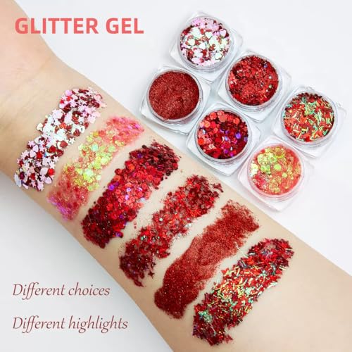 Red Body Glitter Face Glitter Red Hair Glitter Gel Festival Face Paint Rave Makeup Glitter Valentines Face Gems 6 Shapes Fine Chunky Glitter Gel for Women Girls
