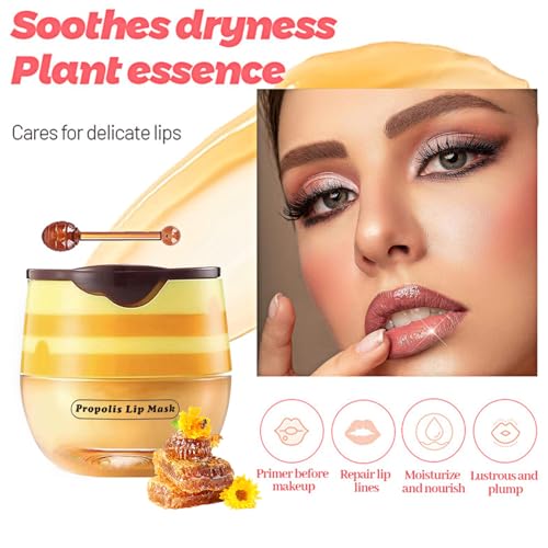 Bee Lip Balm Honey Pot, 4pcs Propolis Lip Mask Overnight Moisturizing Fruity Lip Balm with Stick, Hydrating Prevention Dry and Cracked Lip Scrubs Exfoliator Lip Care