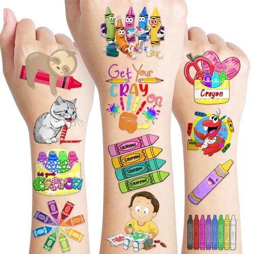 94 PCS Back To School Funny Art Crayon Temporary Tattoos Sticker Crayon Painting Birthday Party Decorations Favors Supplies Gifts Boys Girls Baby Shower Cute Tattoo School Prizes Reward Themed