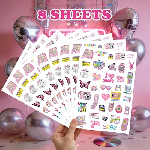 Y2K Temporary Tattoos Decor, 200+ Y2k Birthday Party Decorations, Cool 2000s Cyber Trendn Tattoo Stickers for Teens Retro 00s Bachelorette Party Favors Supplies