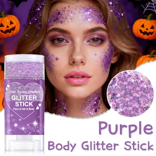 Christmas Body Glitter Stick, Purple Sequin Hair Glitter for Rumi Costume Cosplay and Tattoos Makeup, Chunky Glitter Face Paint, Waterproof Hair Glitter Gel for Glirs and Women (Purple)