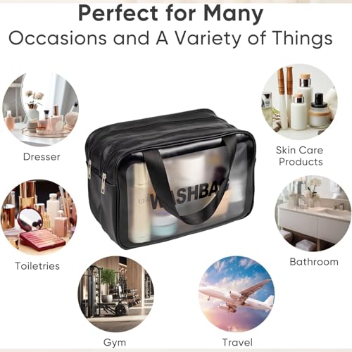 Travel Toiletry Bag for Women, Matte Translucent with Handy Handle, Makeup Cosmetic Organizer Bag for Travel Toiletries Accessories (Black Bag)