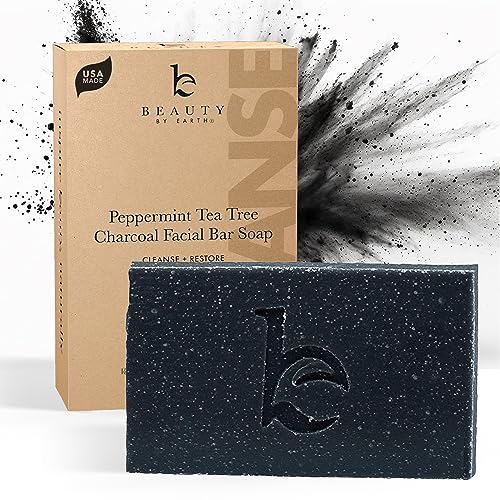 Peppermint Tea Tree Charcoal Facial Bar Soap - USA Made with Natural & Organic Ingredients, Face Wash Black Soap Bar for Acne, Eczema & Psoriasis, Detoxifying Charcoal for Oily & Sensitive Skin