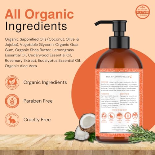 USDA Organic Lemongrass Body Wash for Sensitive Skin - pH 5.5 Balanced Shower Gel with Shea Butter & Essential Oils - Aromatherapy, Sulfate-Free, Vegan, 16 oz - Made in USA