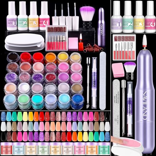 SAVILAND Dip Powder Nail Kit with Drill 30 Colors and 4Pcs Dip Powder Liquid Set Neon Summer Colors