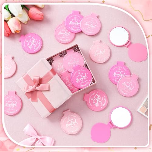 100 Pcs 2.76 Inch Inspirational Compact Mirror Bulk Women Small Gifts Graduation Party Favors Purse Mirror Pocket Mini Stuffer Items for Adult Coworker Cheerleader Employee (Pink Series)