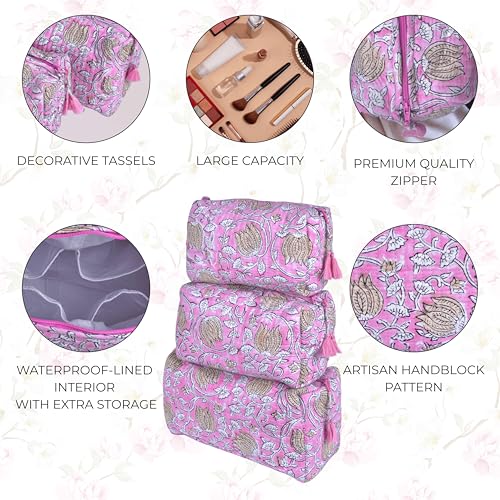 Quilted Floral Block Print Makeup Bag Set of 3 ? Cotton Travel Toiletry and Makeup Organizer, Cosmetic Pouch, Toiletry Bag for Women, Cute Boho Coquette Make Up Bags for Women (Small, Medium, Large)