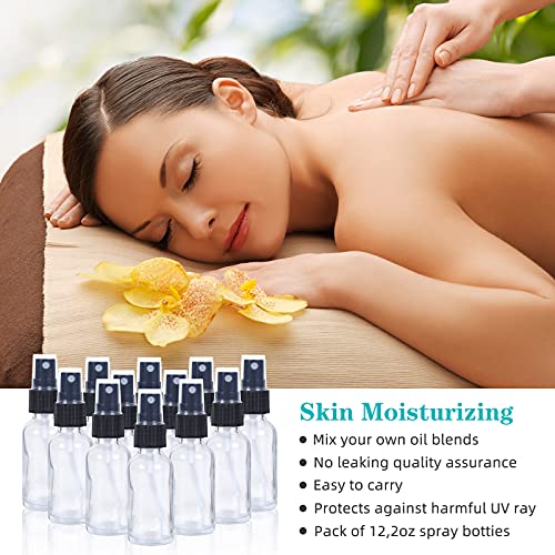 2oz Glass Spray Bottle, Fine Mist Boston Glass Bottles with Black Fine Mist Sprayer Small Clear Bottles for Essential Oils, Bath, Beauty, Hair & Cleaning, Clear, Pack of 12