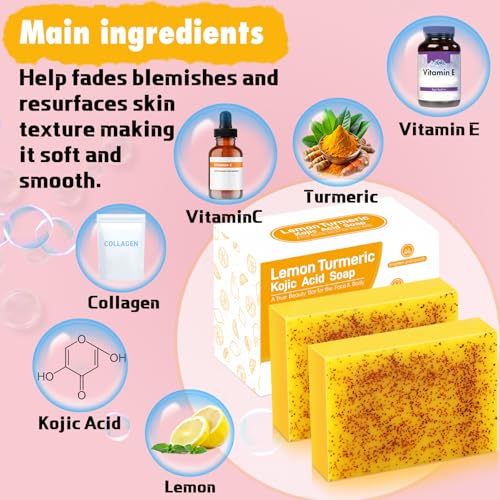 Lemon Kojic Acid Soap, Lemon Turmeric Bar with Vitamin C for Face, Body Hands, Turmeric Soap for Dry Sensitive Skin 2 Bars