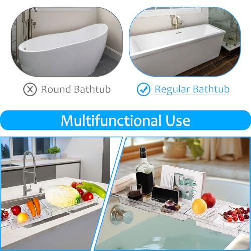 Expandable Bathtub Tray for Tub, Clear Acrylic Bath Caddy with Anti-Slip Design, Waterproof Bathroom Storage, Bath Organizer for Women, Fits Most Tubs up to 31.7" Ideal for Women and Adults