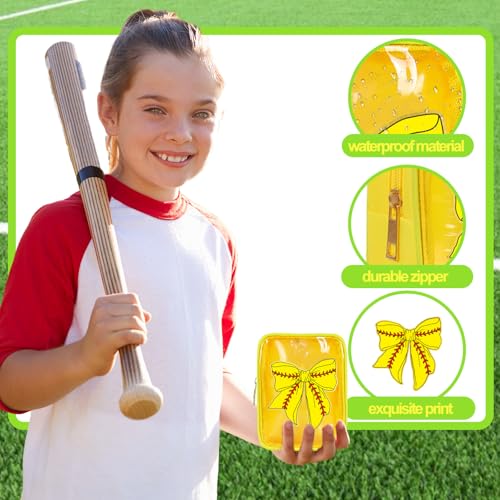 JarThenaAMCS 12Pcs Softball Bow Clear Makeup Bags Yellow Red Plastic Cosmetic Bags Waterproof Toiletry Travel Pouch for Sport Team Party Favor Supplies