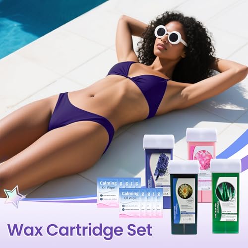 Roll On Wax Hair Removal, Wax Roller Refill, Sticky, Roll on Wax Roller Cartridge for Larger Areas of the Body for Professional or Home uses 4 Pack 100g/3.527oz with 10 oil wipes