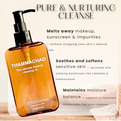 Thammachad Oil Cleanser Makeup Remover for Sensitive Skin Nourishing Cleansing Oil with Moringa & Camellia ? 100% Natural First-Step Face Cleanser, 200ml Handcrafted in Small Batch in the USA