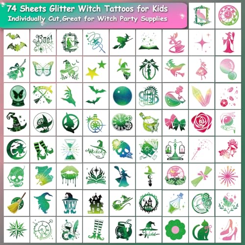 Glitter Witch Temporary Tattoos - 74 Individually Sheets Tattoos Stickers for Witch Birthday Party Decorations,Kids Wizard Party Favor and Musical DIY Activity Supplies