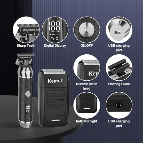 KEMEI Professional Beard Trimmer for Men, Electric Foil Shaver & Men's Facial Grooming Set, Cordless Bald Head Precision Trimmer, Rechargeable Foil Shaving Kit, Gifts for Men
