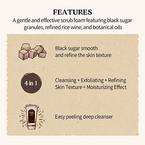 SKINFOOD Black Sugar Perfect Scrub Foam 180g - Detoxifying Pore Scrubs & Exfoliator Soft & Rich Bubble Facial Foam Cleanser, Removes Dead Skin Cells - Exfoliating Skincare for Men & Women (6.35 oz)