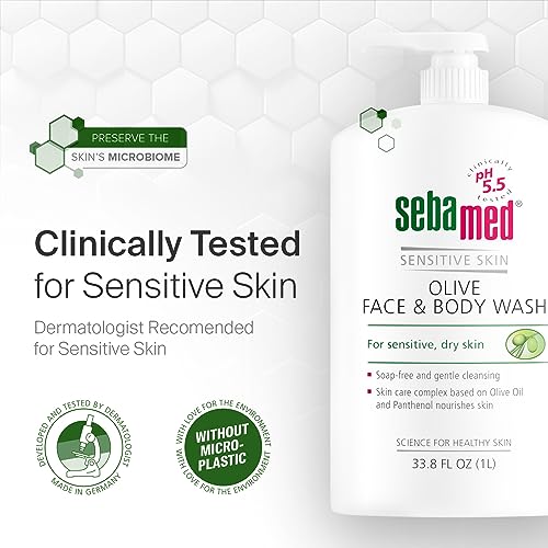 Sebamed Olive Face and Body Wash With Pump for Sensitive and Delicate Skin pH 5.5 Ultra Mild Dermatologist Recommended Cleanser 33.8 Fluid Ounces (1 Liter)