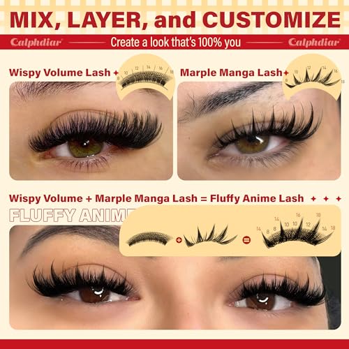 Calphdiar Lash Clusters Wispy & Manga Eyelash Clusters 8-18MM DIY Volume Lash Extensions C Curl Individual Lashes for Daily Wear & Glam Looks Reusable Lash Clusters for Beginners