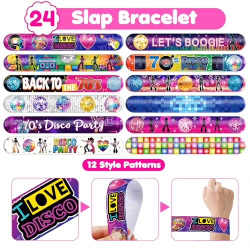 48PCS 70s Disco Party Set - 24PCS Temporary Tattoos & 24PCS Slap Bracelets - Retro Disco-Themed Birthday Supplies, Baby Shower Gifts, Classroom Rewards & Party Decor for Kids (Boys & Girls)
