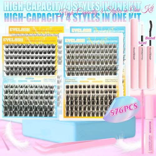 DIY Lash Clusters Extension Kit, 576pcs Natural Wispy Eyelash Clusters with Glue Tools for Home Application, 10-18mm D Curl Complete Starter Kit for Beginners, 2 Pack