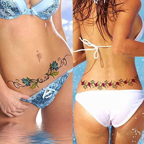 Sexy Flower Navel Tattoos 12 Sheets Long Belly Abdomen Waist Back Waterproof Temporary Tattoos Fake Body Art Stickers for Women