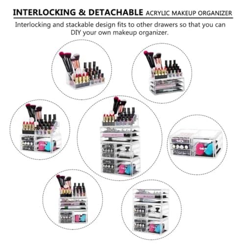 Acrylic 4 Pack Makeup Organizer with 11 Drawers, Clear, Stackable Cosmetic Organizer For Lipstick, Jewelry and Makeup Brushes, Beauty Storage With Drawers For Dresser And Bathroom.